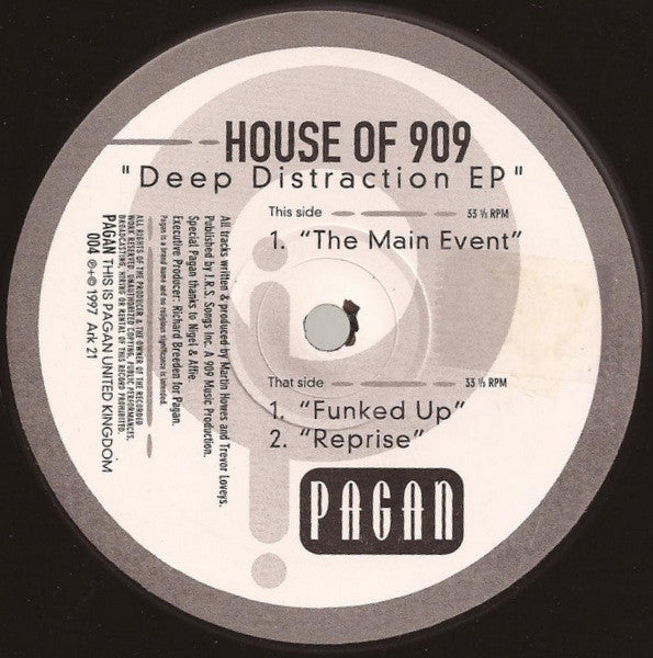 Image of Front Cover of 12" EP - /VG - HOUSE OF 909, Deep Distraction EP (Pagan; PAGAN 004, UK 1997, Company Sleeve, Comes in a Pagan Recs Promo Sleeve.), ,  - 3426180E