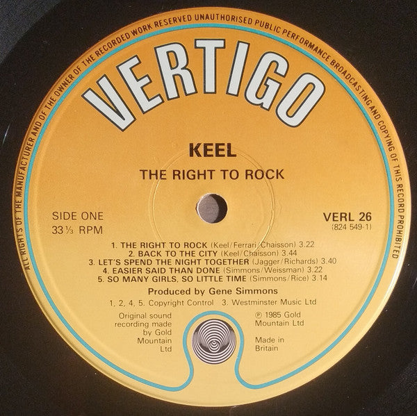 Image of Label Cover of LP - VG+/VG+ - KEEL, The Right To Rock (Vertigo; VERL 26, UK 1985), ,  - 3416442C