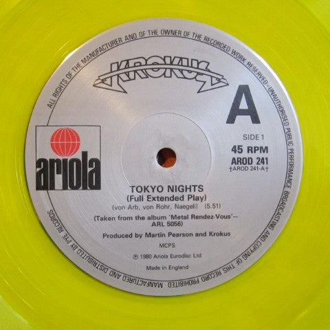 Image of Label Cover of 12" EP - VG/VG+ - KROKUS, Tokyo Nights (Ariola; AROD 241, UK 1980, Hype Stickered Sleeve, NO Sticker, Yellow Vinyl), ,  - 3416485C