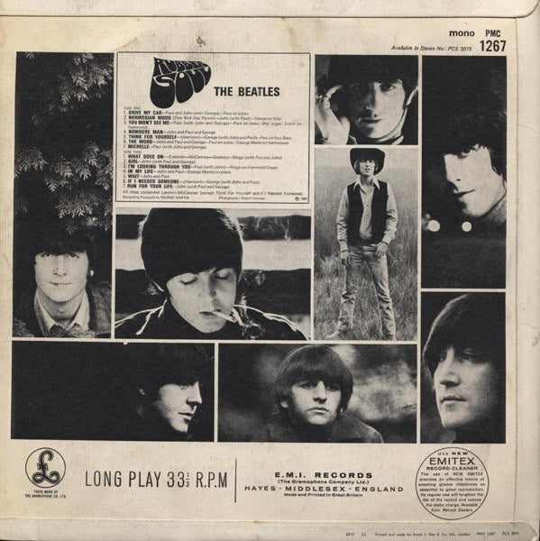 Image of Back Cover of LP - G/G - THE BEATLES, Rubber Soul (Parlophone Black & Yellow With Serif Font & KT Tax Code; PMC 1267, UK 1965, E.J. Day Laminated Flipback Sleeve, Mono), Lots of marks and hairlines, Sleeve worn all round with creases, small tears, and tape on rear but almost fully intact. ,  - 3416355C