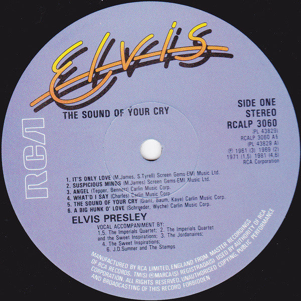 Image of Label Cover of LP - VG+/VG+ - ELVIS , The Sound Of Your Cry (RCA; RCALP 3060, UK 1981, Embossed Sleeve), ,  - 3416489C