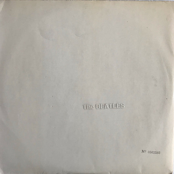 Image of Front Cover of 2xLP - VG/G - THE BEATLES, The Beatles (Apple Records With  An E.M.I. Recording  Text To On Sides C & D Only; PCS 7067/8, UK 1968, Laminated Top Opening Gatefold Sleeve, 2 Black Inners, 4 Prints, No Poster, Numbered First Stereo Press), No. 037083, Quite a few long light marks and little hairline marks, Plays above grade with minimal surface noise, Good gloss to discs, Sleeve has some aged staining and marks but nicely intact, With 4 clean prints and two original worn inners, Discs h