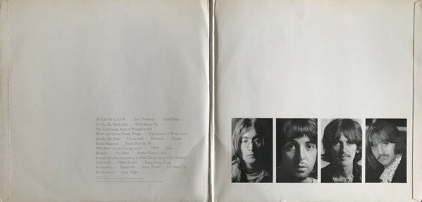 Image of Back Cover of 2xLP - VG/G - THE BEATLES, The Beatles (Apple Records With  An E.M.I. Recording  Text To On Sides C & D Only; PCS 7067/8, UK 1968, Laminated Top Opening Gatefold Sleeve, 2 Black Inners, 4 Prints, No Poster, Numbered First Stereo Press), No. 037083, Quite a few long light marks and little hairline marks, Plays above grade with minimal surface noise, Good gloss to discs, Sleeve has some aged staining and marks but nicely intact, With 4 clean prints and two original worn inners, Discs ho