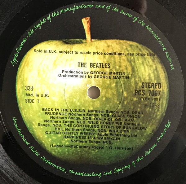Image of Label Cover of 2xLP - VG/G - THE BEATLES, The Beatles (Apple Records With  An E.M.I. Recording  Text To On Sides C & D Only; PCS 7067/8, UK 1968, Laminated Top Opening Gatefold Sleeve, 2 Black Inners, 4 Prints, No Poster, Numbered First Stereo Press), No. 037083, Quite a few long light marks and little hairline marks, Plays above grade with minimal surface noise, Good gloss to discs, Sleeve has some aged staining and marks but nicely intact, With 4 clean prints and two original worn inners, Discs h