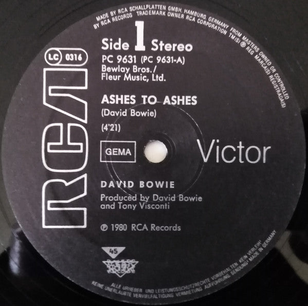Image of Label Cover of 12" - VG/VG+ - DAVID BOWIE, Ashes to Ashes (RCA Black labels; PC 9631, Germany 1980), Top right corner cut,  - 3446308S