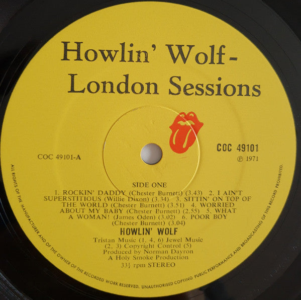 Image of Label Cover of LP - VG+/VG - HOWLIN' WOLF, The London Howlin' Wolf Sessions (Rolling Stones; COC49101, UK 1971, Gatefold, With Eric Clapton, Steve Winwood, Bill Wyman, Charlie Watts), ,  - 3126022E