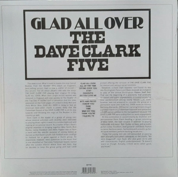 Image of Back Cover of LP - EX/EX - THE DAVE CLARK FIVE, Glad All Over (BMG; BMGCAT558LP, USA & Europe 2021 Reissue, White Vinyl), Still In Opened Shrinkwrap With Hype Sticker,  - 3416544C