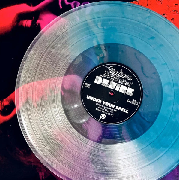 Image of Label Cover of Mini-LP - VG+/VG+ - DESIRE, Under Your Spell (Italians Do It Better; IDIB021, US 2018 Reissue, Embossed Mirror Lettering Sleeve, Inner, 180 Gram Clear / Blue Split Vinyl, Johnny Jewel of Chromatics), a few small creases around edge,  - 3446352S