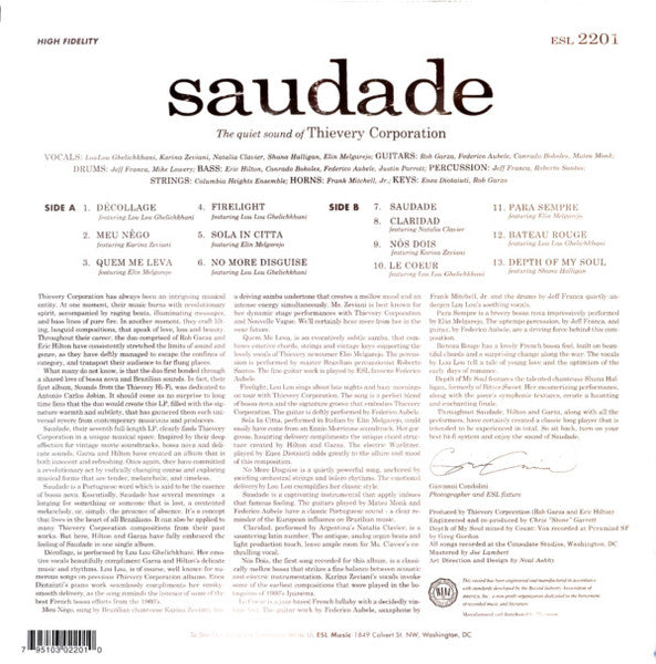 Image of Back Cover of LP - VG+/EX - THIEVERY CORPORATION, Saudade (Eighteenth Street Lounge Music; ESL 2201, US 2014, Pasteback Sleeve), Seal opened instore, still in hype stickered shrinkwrap. Corner bump.,  - 3426213E