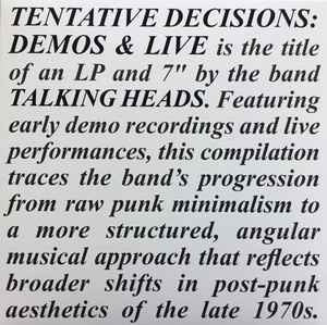 Image of Front Cover of LP - NEW/NEW - TALKING HEADS, Tentative Decisions: Demos & Live (Sire; RCV1 728178, Worldwide 2025, Clear Vinyl, With 7"), ,  - 3436188E