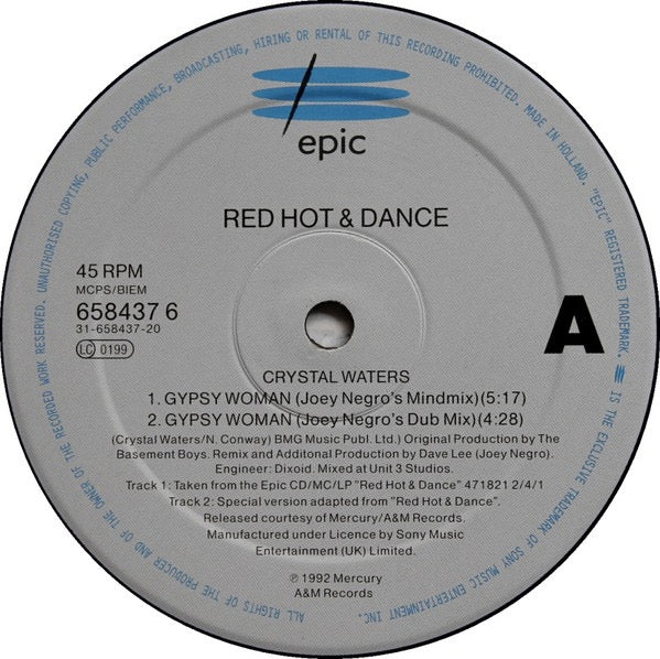 Image of Label Cover of 12" - VG/VG - CRYSTAL WATERS / SABRINA JOHNSTON, Gypsy Woman / Peace (Epic; 658437 6, UK & Europe 1992, Picture Sleeve), Light marks only,  - 3516004C
