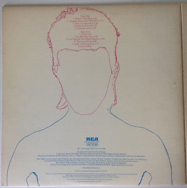 Image of Back Cover of LP - VG/VG - DAVID BOWIE, Aladdin Sane (RCA Victor; RS 1001, UK 1970s Reissue, Gatefold, Inner), Light marks, names written on back cover, edge wear, sticker mark,  - 3546003S