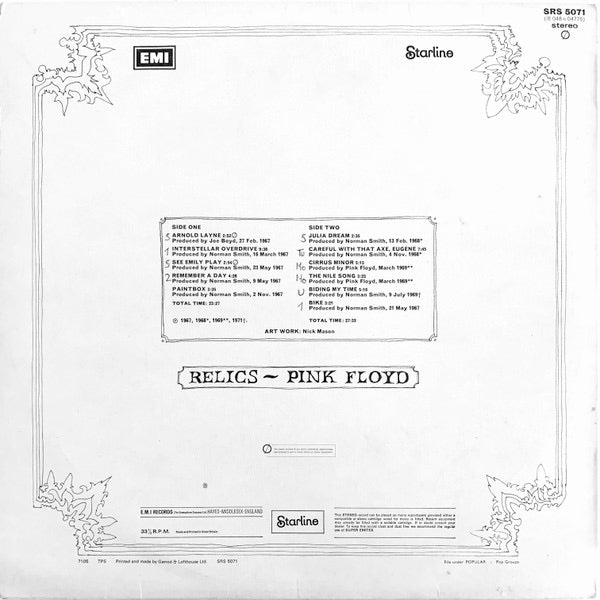 Image of Back Cover of LP - VG/VG - PINK FLOYD, Relics (Starline Blue Labels; SRS 5071, UK 1971, Black And White Textured Sleeve, 1st Issue. A1/B2, "Made In Great Britain" At Bottom Of Label), Strong VG,  - 2116612C