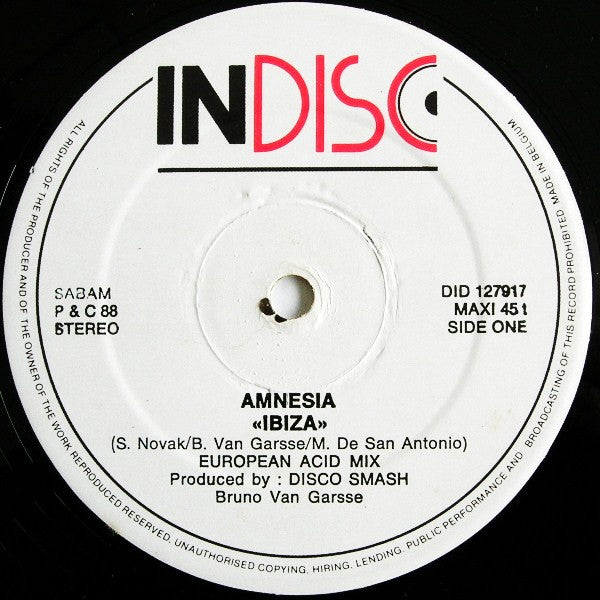 Image of Label Cover of 12" - VG/VG+ - AMNESIA, Ibiza (European Acid Mix) (Indisc; DID 127917, Belgium 1988), ,  - 3546041S