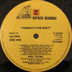 Image of Label Cover of LP - VG/VG - NEIL YOUNG, Tonight's The Night (Reprise Records; K 54040, UK 1975, Gatefold, Inner, NO Insert, "RONDOR MUSIC (5)" label credit), Strong VG - hairlines, light edge wear,  - 3546015S