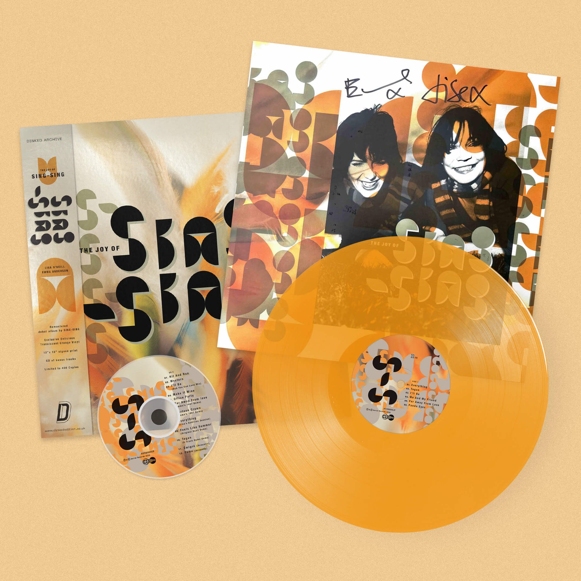 Image of Front Cover of LP - NEW/NEW - SING-SING, The Joy Of Sing-Sing (Aerial Records; AERO005LPX, UK 2026, Insert, Dinked Edition A35 / Translucent Delicious Orange Vinyl / Signed 12" X 12" Print / Bonus CD / Remastered Audio / Obi Strip / Gold Foil Sticker / Limited To 400 ), , Some albums simply get better with time. As it celebrates its 25th anniversary, The Joy Of Sing-Sing is reissued with newly remastered audio by Kevin Vanbergen and brand-new artwork by Chris Bigg. The custom Dinked Archive edition