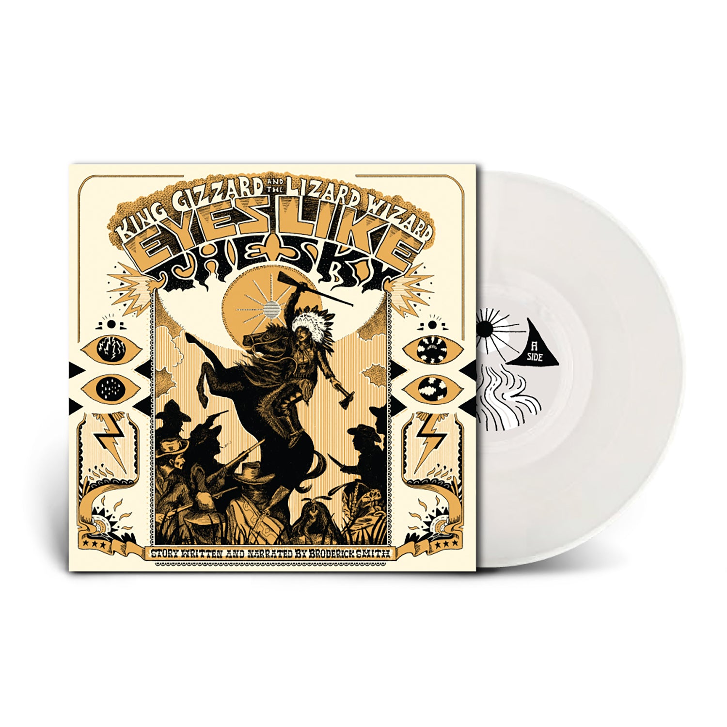 Image of Back Cover of LP - NEW/NEW - KING GIZZARD & THE LIZARD WIZARD, Eyes Like The Sky (Injection Molded Pet Ecosonic LP) (P(Doom) Records; PDOOM9903, UK 2026 Reissue, Printed Inner, 180g Injection-Molded Crystal Clear Pet Record, 100% Recycled Plastic Over Bag), , Eyes Like the Sky is the second studio album by Australian rock band King Gizzard & the Lizard Wizard. It was released in February 2013 and has been described as a "cult western audio book”. The album is narrated and written by Broderick Smith
