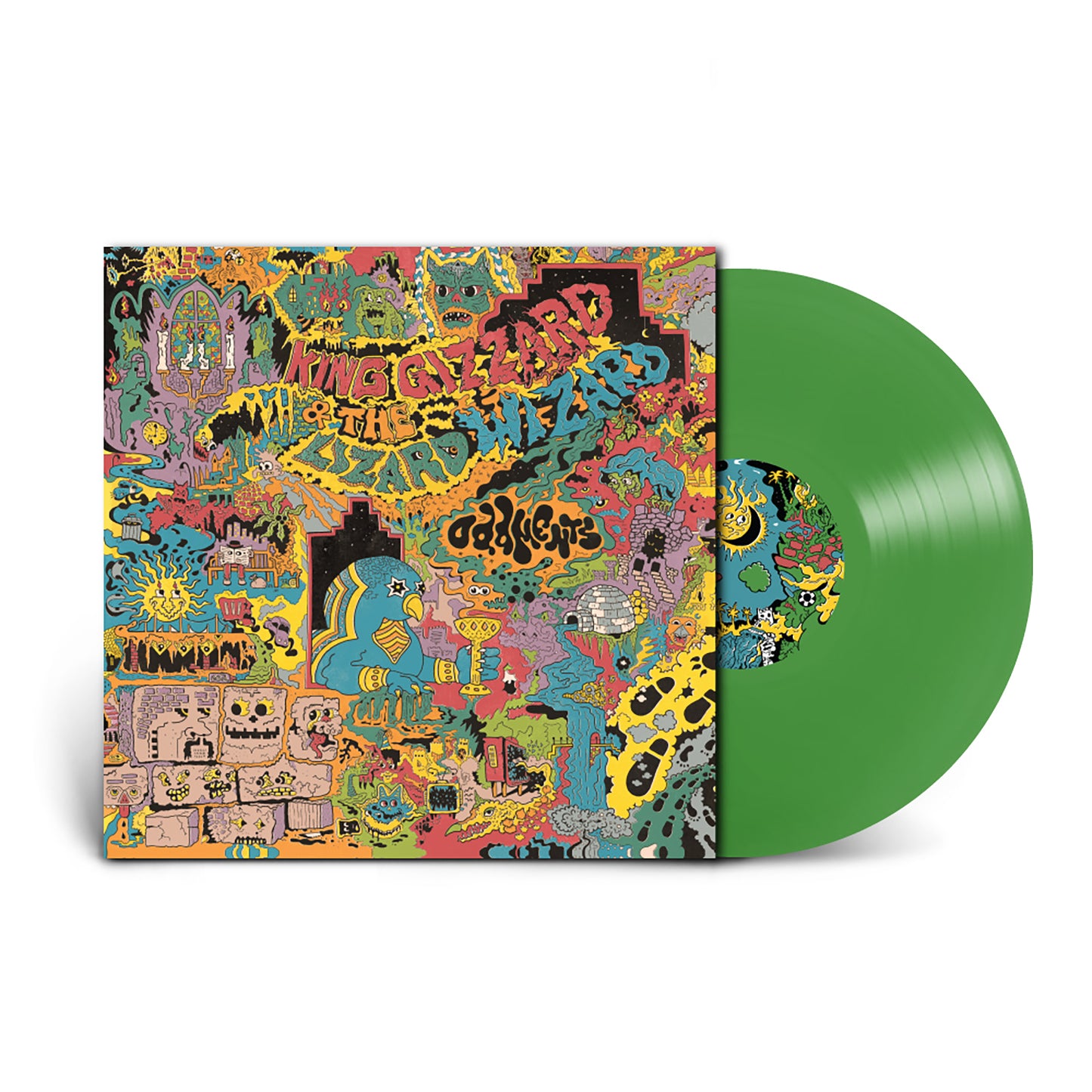 Image of Back Cover of LP - NEW/NEW - KING GIZZARD & THE LIZARD WIZARD, Oddments (Injection Molded Pet Ecosonic LP) (P(Doom) Records; PDOOM9905, UK 2026 Reissue, Gatefold, Printed Inner, 180g 12" Injection-Molded Translucent Green Pet Record, 100% Recycled Plastic Over Bag), , Oddments is the fourth studio album by Australian psychedelic rock band King Gizzard & the Lizard Wizard. Oddments consists of outtakes from the band's prior releases, with the album serving as a way to compile the songs without neces