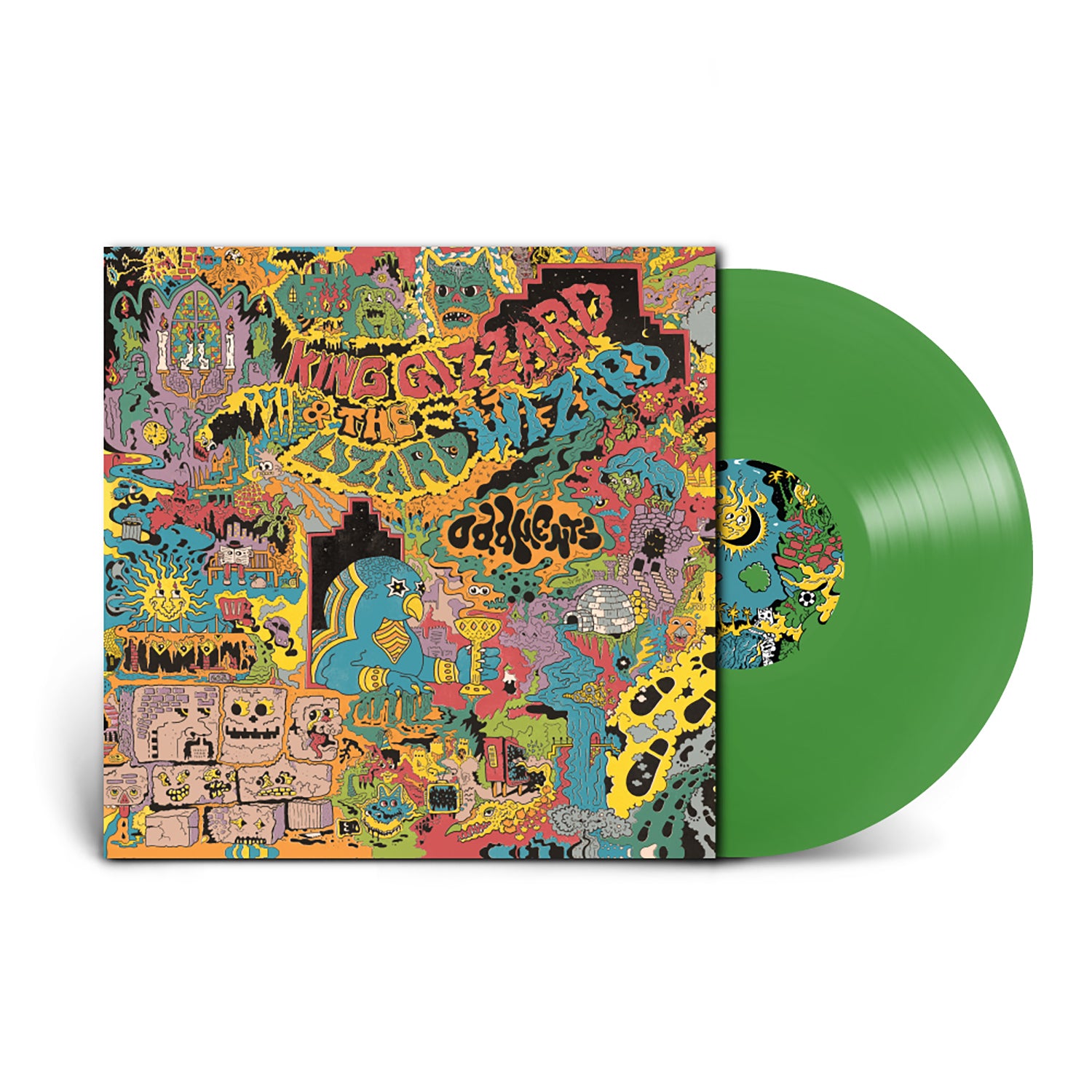 Image of Back Cover of LP - NEW/NEW - KING GIZZARD & THE LIZARD WIZARD, Oddments (Injection Molded Pet Ecosonic LP) (P(Doom) Records; PDOOM9905, UK 2026 Reissue, Gatefold, Printed Inner, 180g 12" Injection-Molded Translucent Green Pet Record, 100% Recycled Plastic Over Bag), , Oddments is the fourth studio album by Australian psychedelic rock band King Gizzard & the Lizard Wizard. Oddments consists of outtakes from the band's prior releases, with the album serving as a way to compile the songs without neces