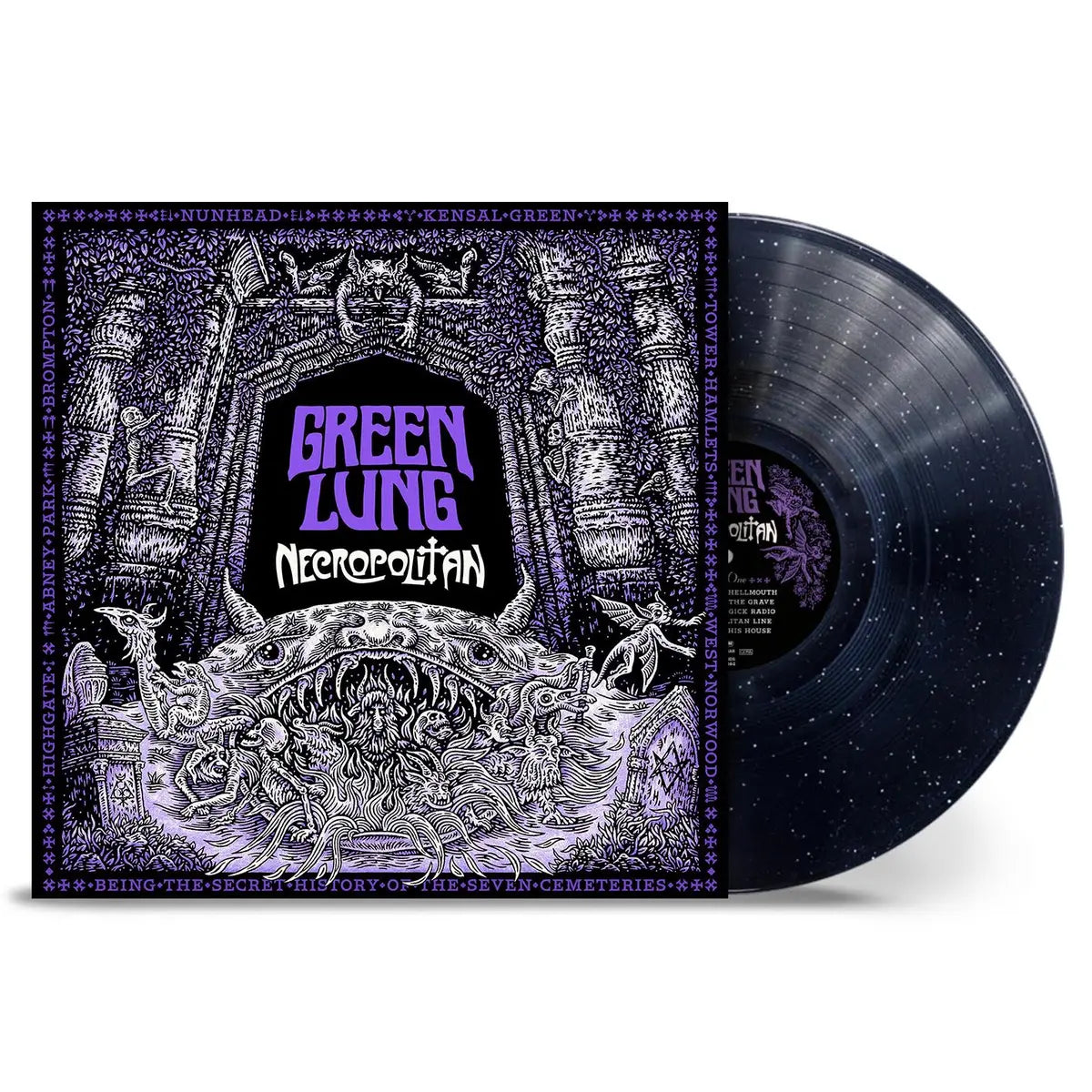 Image of Back Cover of LP - NEW/NEW - GREEN LUNG, Necropolitan (Nuclear Blast; ,  2026, Gatefold, Indie Exclusive, Midnight Sparkle/Starlight Vinyl ), , The funeral bell is tolling, the ravens have left the tower - the long-awaited fourth album from London’s lords of the riff Green Lung is finally upon us. Necropolitan is also a grand celebration of the occult lore and heavy music scene of the band’s birthplace, the city of London. - 9411569C