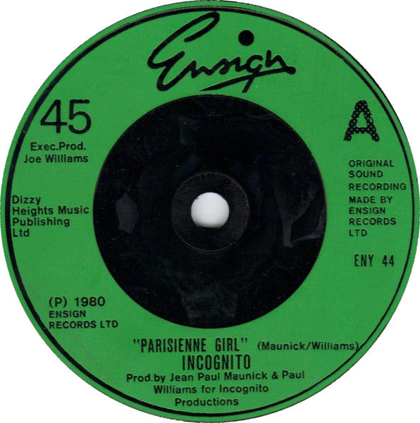 Image of Front Cover of 7" - /EX - INCOGNITO, Parisienne Girl / Summers Ended (Ensign; ENY 44, UK 1980), ,  - 3556038S