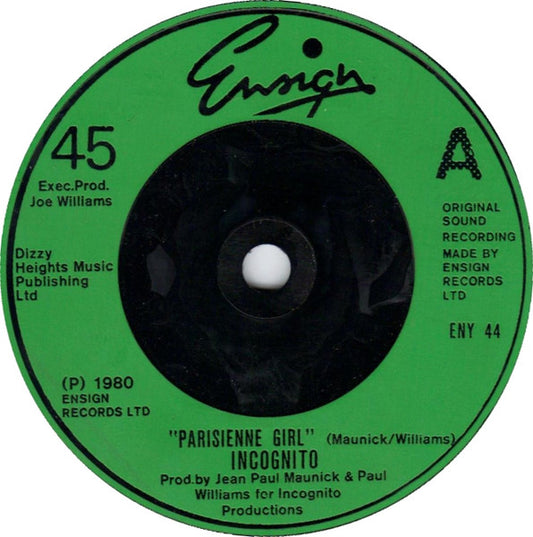Image of Front Cover of 7" - /EX - INCOGNITO, Parisienne Girl / Summers Ended (Ensign; ENY 44, UK 1980), ,  - 3556038S