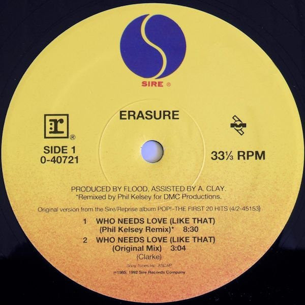 Image of Label Cover of 12" - VG/VG+ - ERASURE, Who Needs Love (Like That) (Sire; 0-40721, US 1992, Picture Sleeve), Edge and ring wear.,  - 3516079C