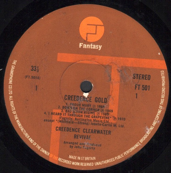 Image of Label Cover of LP - VG/VG - CREEDENCE CLEARWATER REVIVAL, Creedence Gold (Fantasy Brown Labels With Made In Gt Britain ; FT 501, UK 1973 Reissue), Strong VG,  - 3516088C