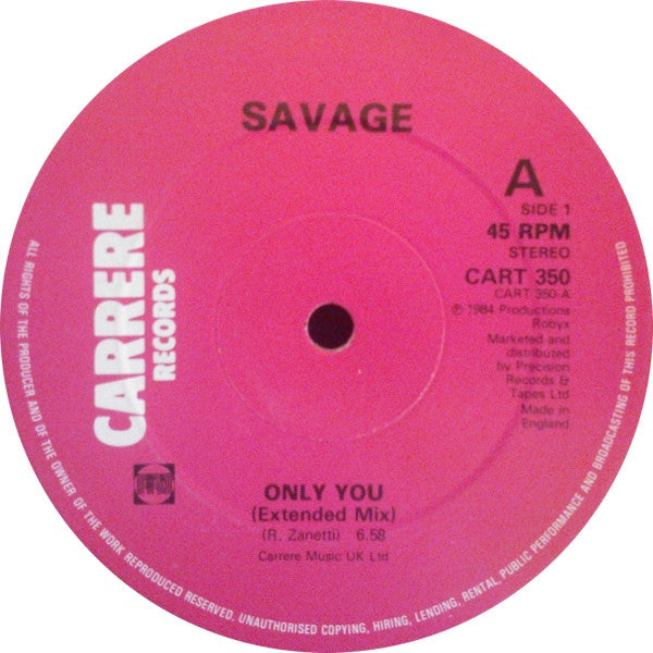 Image of Front Cover of 12" - /VG - SAVAGE, Only You (Carrere; CART 350, UK 1984), Light marks at the opening of side B.,  - 3546078S