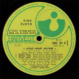 Image of Label Cover of LP - VG/VG - PINK FLOYD, Atom Heart Mother (Harvest; SHVL 781, France 1970, Laminated Front Gatefold Sleeve, Sleeve Stickered with black version of "Pop" sticker), Strong VG - light marks, edge wear, foxing inside gatefold,  - 3546098S
