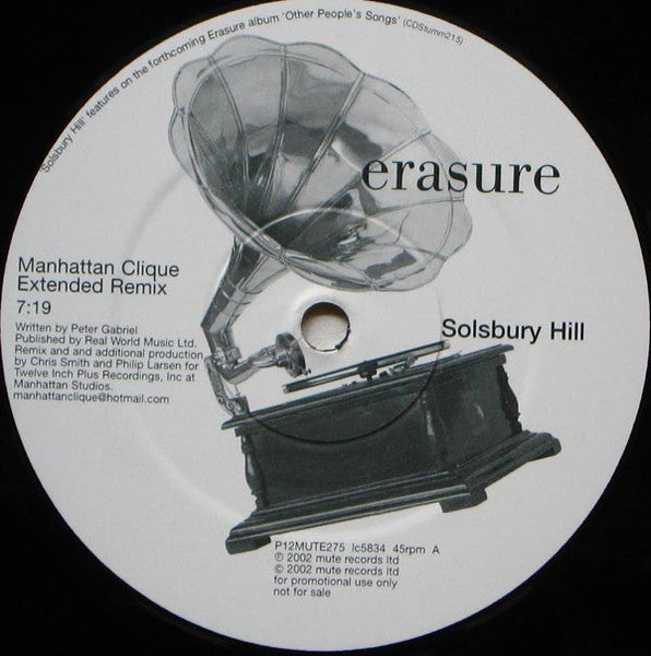 Image of Label Cover of 12" - VG/VG - ERASURE, Solsbury Hill (Mute; P12MUTE275, UK 2002, Promo, Die Cut Sleeve), Strong VG. Sticker with track list has been stuck to front of sleeve., A. Solsbury Hill (Manhattan Clique Extended Remix) 7:19B1. Solsbury Hill (Radio Mix) 3:55B2. Solsbury Hill (Album Version) 4:20 - 2516080C
