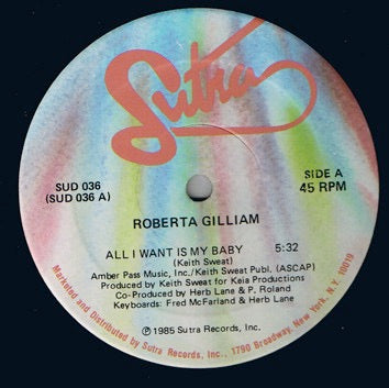 Image of Front Cover of 12" - VG+/VG+ - ROBERTA GILLIAM, All I Want Is My Baby / Instrumental (Sutra; SUD 036, US 1985, Company Sleeve), ,  - 3626199E