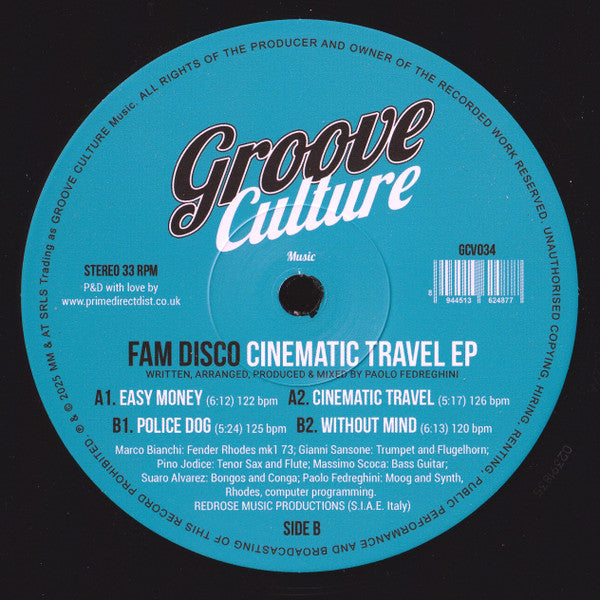 Image of Label Cover of 12" - VG+/VG+ - FAM DISCO, Cinematic Travel EP (Groove Culture Music; GCV034, Italy 2025, Company Sleeve), ,  - 3526050E