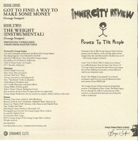 Image of Back Cover of 7" - EX/EX - GEORGE SEMPER, Inner City Review (Dynamite Cuts; DYNAM7078, UK 2020, Picture sleeve), , A - Got To Find A Way To Make Some MoneyB - The Weight (Instrumental) - 3556051S