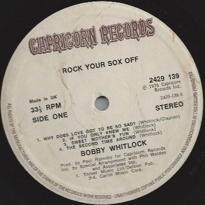 Image of Label Cover of LP - VG/VG+ - BOBBY WHITLOCK, Rock Your Sox Off (Capricorn Records; 2429 139, UK 1976), ,  - 3516091C