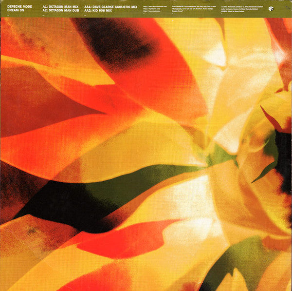 Image of Back Cover of 12" - /VG - DEPECHE MODE, Dream On (Remixes) (Mute; PXL12BONG30, UK 2001), A few marks but only light. No cover., A1	Dream On (Octagon Man Mix)A2	Dream On (Octagon Man Dub)AA1	Dream On (Dave Clarke Acoustic Mix)AA2	Dream On (Kid 606 Mix) - 3526024E