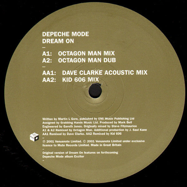 Image of Label Cover of 12" - /VG - DEPECHE MODE, Dream On (Remixes) (Mute; PXL12BONG30, UK 2001), A few marks but only light. No cover., A1	Dream On (Octagon Man Mix)A2	Dream On (Octagon Man Dub)AA1	Dream On (Dave Clarke Acoustic Mix)AA2	Dream On (Kid 606 Mix) - 3526024E
