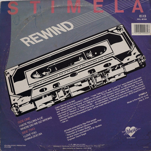 Image of Back Cover of 12" - VG/VG - STIMELA, Rewind (Gallo; HUL 40103, South Africa 1986, Picture Sleeve), Discolouration to centre labels.,  - 3525052E
