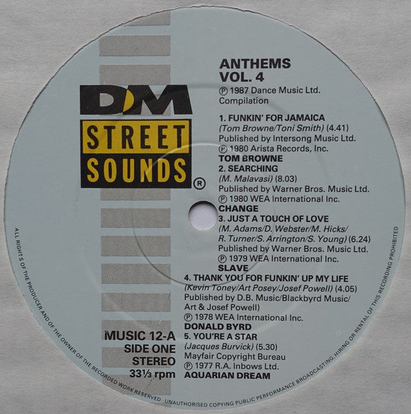 Image of Label Cover of LP - VG+/EX - VARIOUS, Anthems Volume 4 (Street Sounds; MUSIC 12, UK 1987), Light ringwear on sleeve.,  - 3546069S
