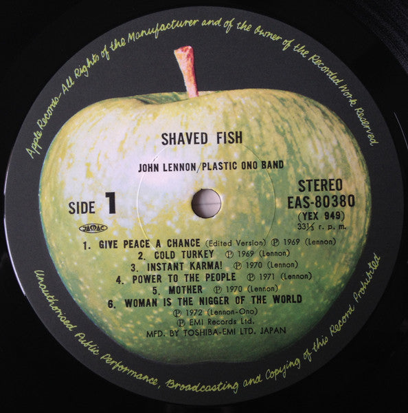 Image of Label Cover of LP - VG+/VG+ - JOHN LENNON / PLASTIC ONO BAND, Shaved Fish (Apple Records; EAS-80380, Japan 1980 Reissue, Inner & Insert, With Grey Obi), ,  - 3516084C