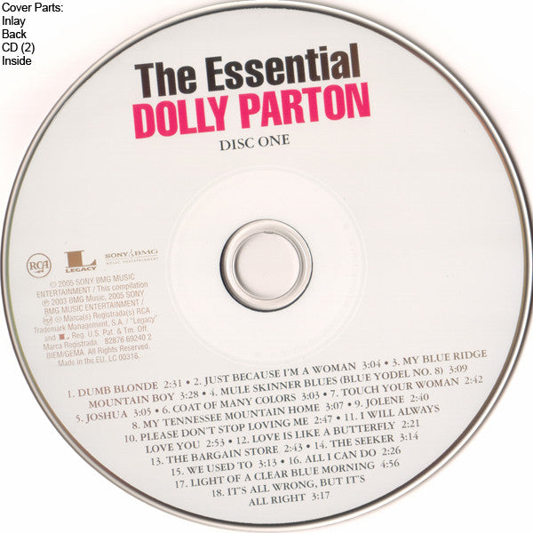 Image of Label Cover of 2xCD - VG+/VG+ - DOLLY PARTON, The Essential Dolly Parton (Sony BMG Music Entertainment; 82876 69240 2, Europe 2005, Jewel Case), ,  - 3516192C