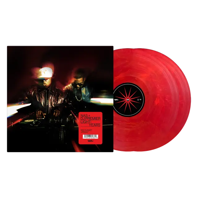 Image of Back Cover of 2xLP - VG/EX - NAS AND DJ PREMIER, Light-Years (Mass Appeal; MSAP186D2VAR1, Europe 2026 Reissue, Gatefold, Insert, 2 x 12" LP, Red Sunset Vinyl), Opened instore. Small puncture at top left side of gatefold, not very noticeable.,  - 3516018C