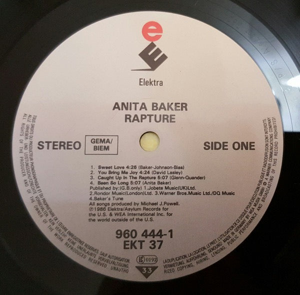 Image of Label Cover of LP - VG+/VG+ - ANITA BAKER, Rapture (Elektra; 960 444-1, UK & Europe 1986), Nice clean copy!,  - 3516241C