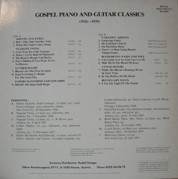 Image of Back Cover of LP - VG/VG+ - VARIOUS, Gospel Piano & Guitar Classics (1926-1935) (RST Records; BD-2003, Austria 1987, Mono), ,  - 3516199C