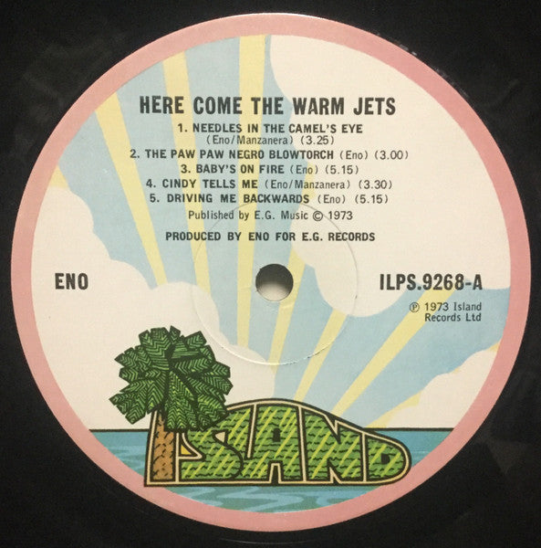 Image of Label Cover of LP - VG/VG - BRIAN ENO, Here Come The Warm Jets (Island Pink Rim; ILPS 9268, UK 1974, MSP Pressing, A4 / B3), Strong VG,  - 3526076E
