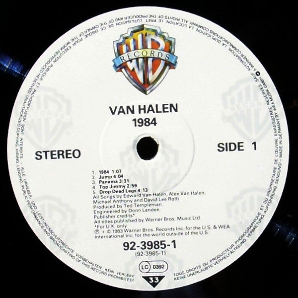 Image of Label Cover of LP - VG/VG - VAN HALEN, 1984 (Warner Bros - No Rights Box; 92-3985-1, UK 1983, MCMVXXXIV Sticke on Front Sleeve, Inner), ,  - 3526079E