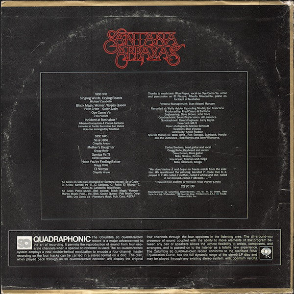 Image of Back Cover of LP - VG+/VG+ - SANTANA, Abraxas (Columbia; CQ30130, US 1970, Inner, Quadrophonic - Quadrophonic Printed Under Cat Nos on Label), ,  - 3526082E
