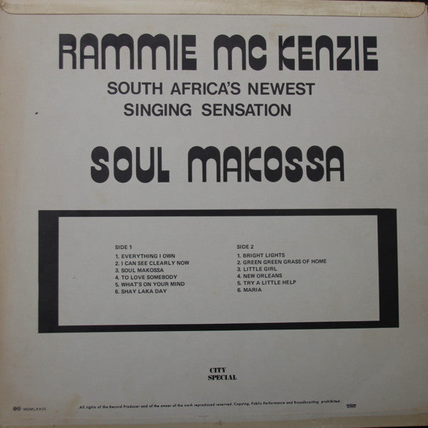 Image of Back Cover of LP - VG/VG - RAMMIE MCKENZIE, Soul Makossa (City Special; CYL 1023, South Africa 1973, Picture Sleeve), ,  - 3526055E