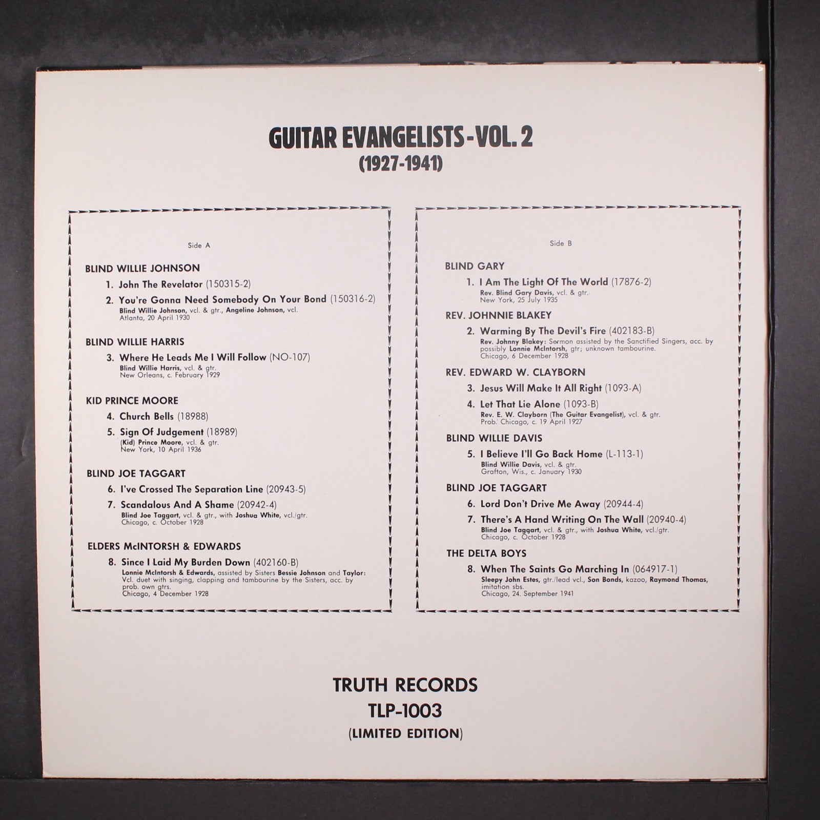 Image of Back Cover of LP - VG/VG+ - VARIOUS, Guitar Evangelists Volume II (1927-1941) (Truth Records; TLP-1003, Austria 1971), ,  - 3516254C