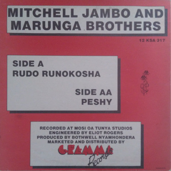 Image of Back Cover of 12" - G+/VG - MITCHELL JAMBO AND MARUNGA BROTHERS, Rudo Runokosha / Peshy (Kumusha; 12 KSA 317, Zimbabwe 1990), Shelfwear and a tear to sleeve on the open side.,  - 3526056E